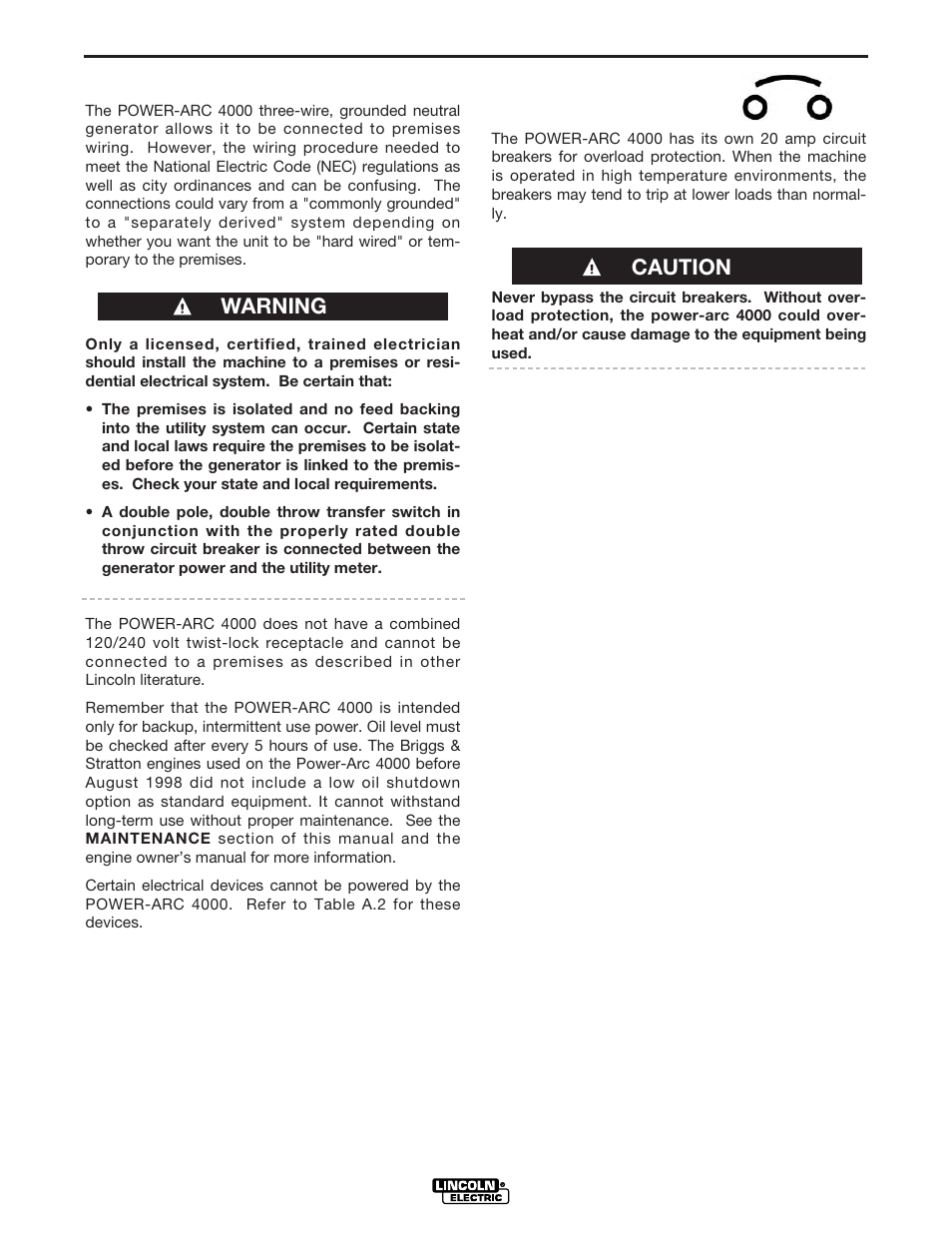 Installation, Warning caution | Lincoln Electric POWER-ARC 4000 User Manual | Page 14 / 52
