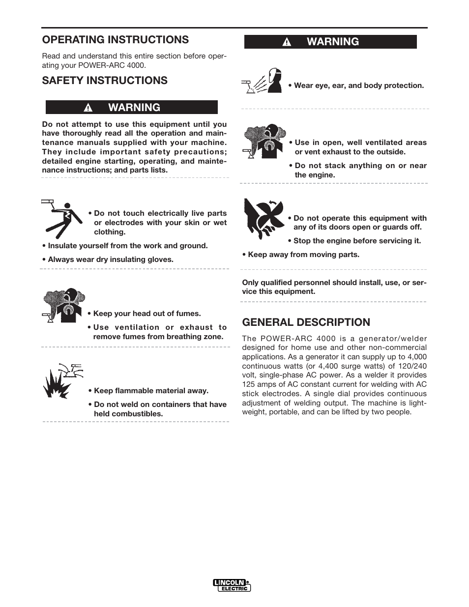 Operation, Operating instructions, Safety instructions | General description, Warning | Lincoln Electric POWER-ARC 4000 User Manual | Page 16 / 52