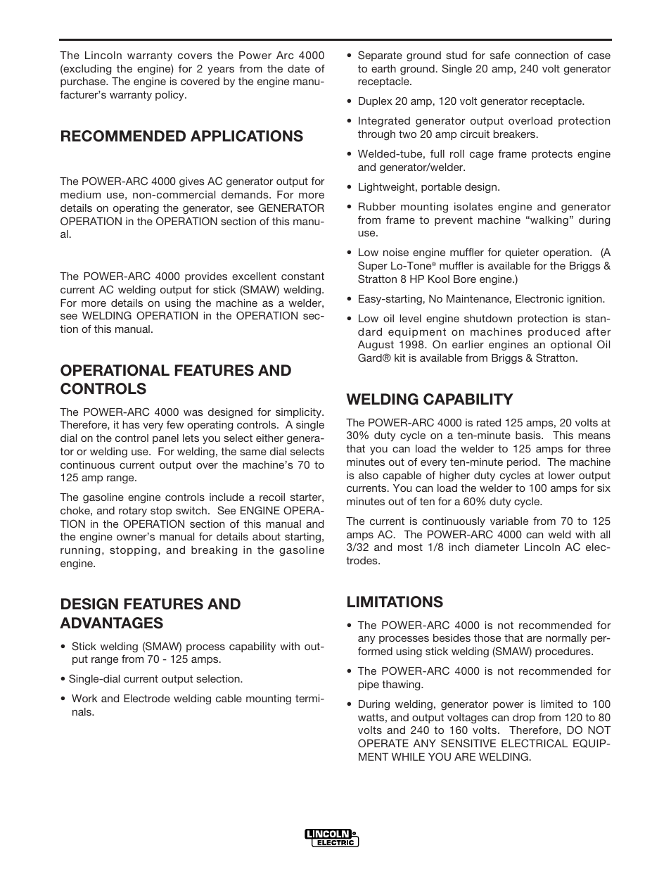 Operation, Recommended applications, Operational features and controls | Design features and advantages, Welding capability, Limitations | Lincoln Electric POWER-ARC 4000 User Manual | Page 17 / 52