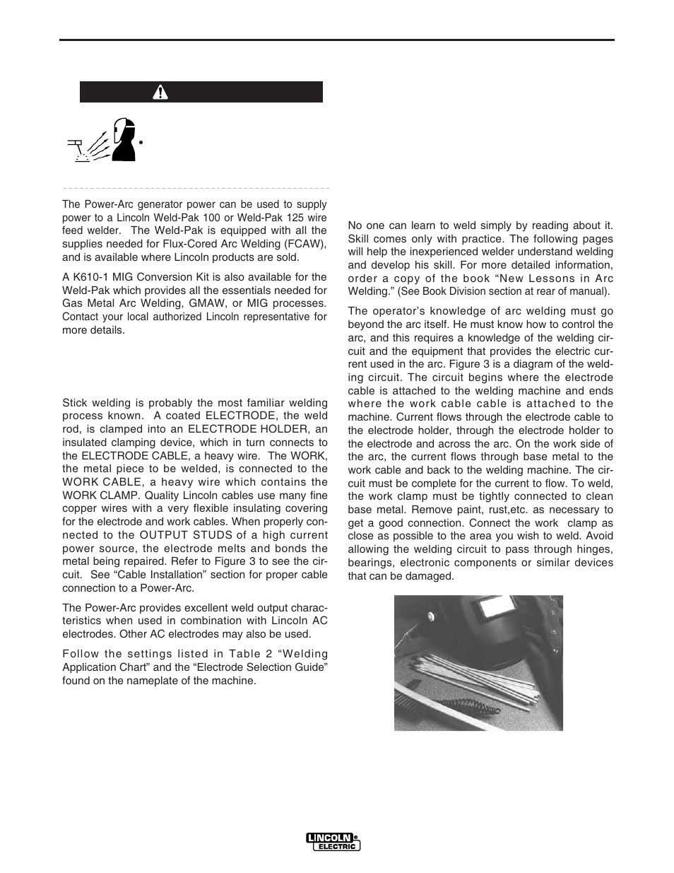 Operation, Warning stick welding, Learning to stick weld | Lincoln Electric POWER-ARC 4000 User Manual | Page 26 / 52