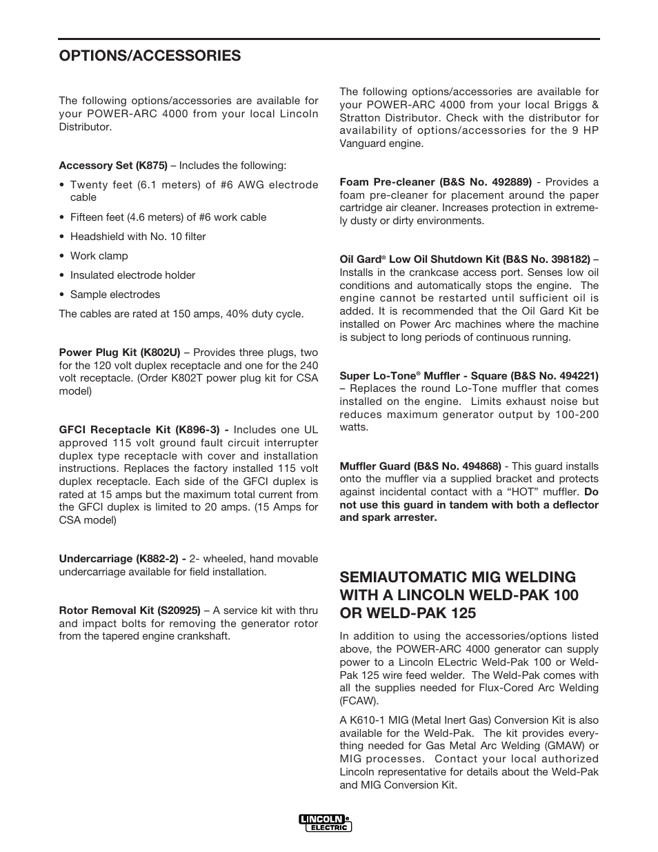 Accessories, Options/accessories | Lincoln Electric POWER-ARC 4000 User Manual | Page 35 / 52