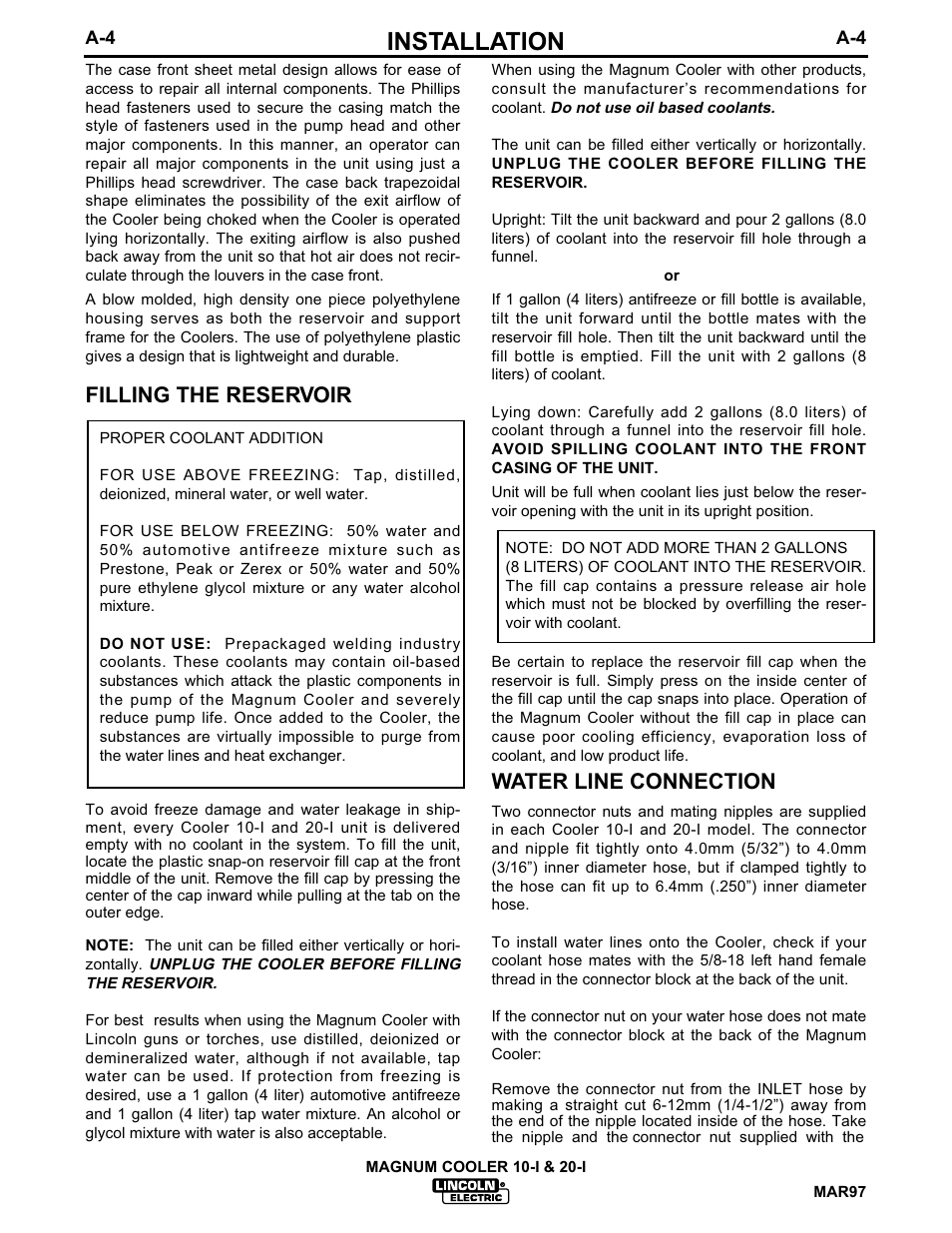 Installation, Water line connection, Filling the reservoir | Lincoln Electric MAGNUM IM438-B User Manual | Page 11 / 32