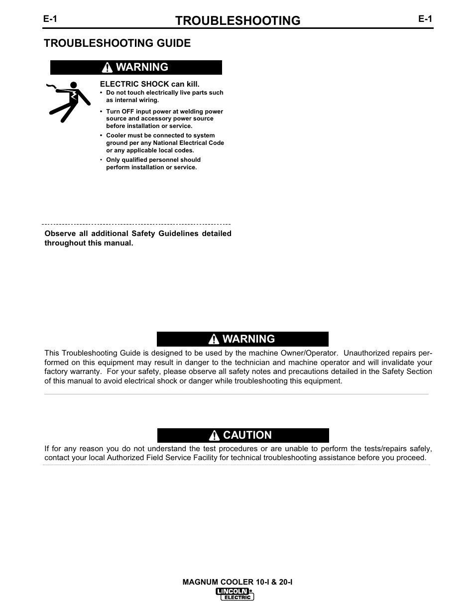 Troubleshooting, Troubleshooting guide, Warning | Caution warning | Lincoln Electric MAGNUM IM438-B User Manual | Page 25 / 32