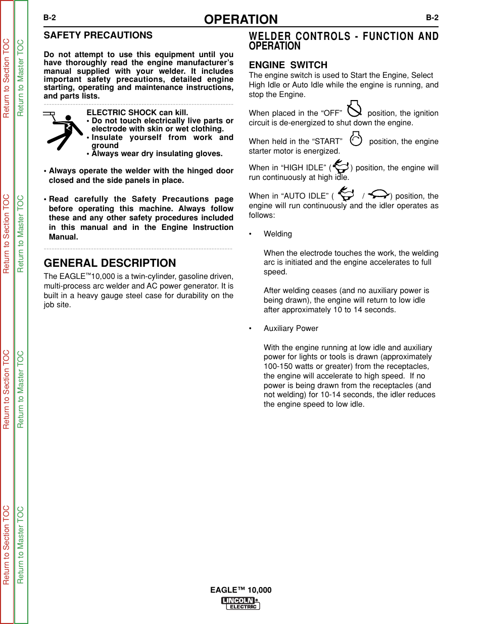 Operation, Welder controls - function and operation, General description | Lincoln Electric EAGLE SVM192-A User Manual | Page 18 / 94