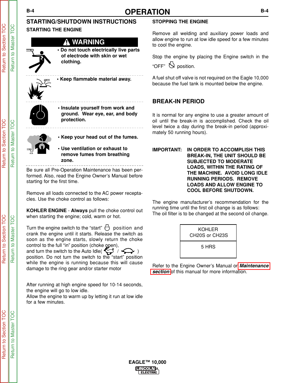 Before starting the engine, Stopping the engine, Operation | Warning | Lincoln Electric EAGLE SVM192-A User Manual | Page 20 / 94