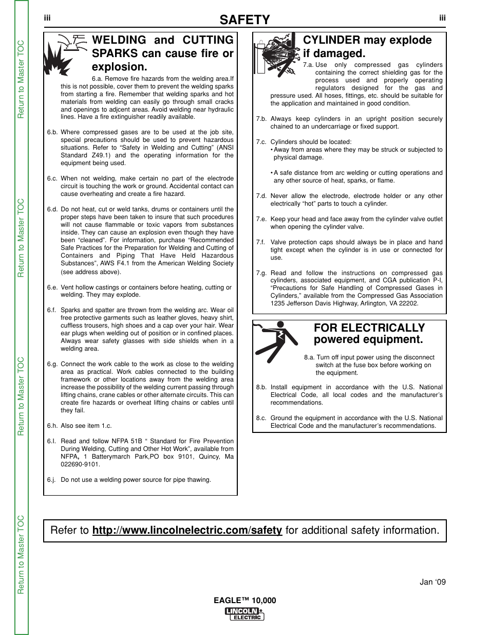 Safety, For electrically powered equipment, Cylinder may explode if damaged | Lincoln Electric EAGLE SVM192-A User Manual | Page 4 / 94