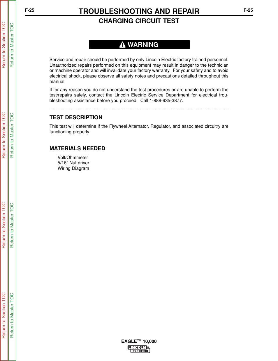 Charging circuit test, Troubleshooting and repair, Warning | Lincoln Electric EAGLE SVM192-A User Manual | Page 61 / 94