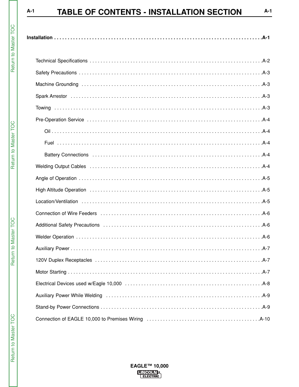 Section a - installation | Lincoln Electric EAGLE SVM192-A User Manual | Page 7 / 94