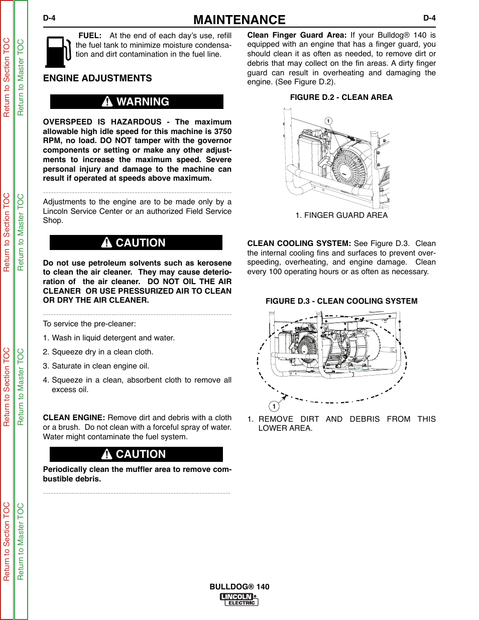Maintenance, Warning caution caution | Lincoln Electric BULLDOG SVM208-A User Manual | Page 40 / 101