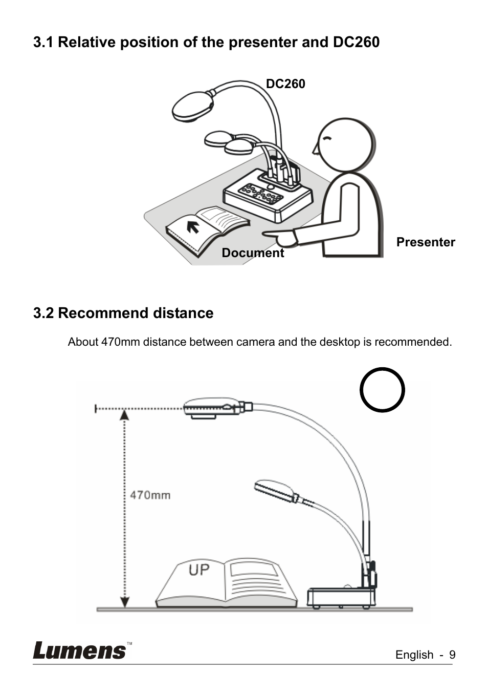 Relative position of the presenter and dc260, Recommend distance, 1 relative position of the presenter and dc260 | 2 recommend distance | Lumens Technology DC260 User Manual | Page 10 / 49