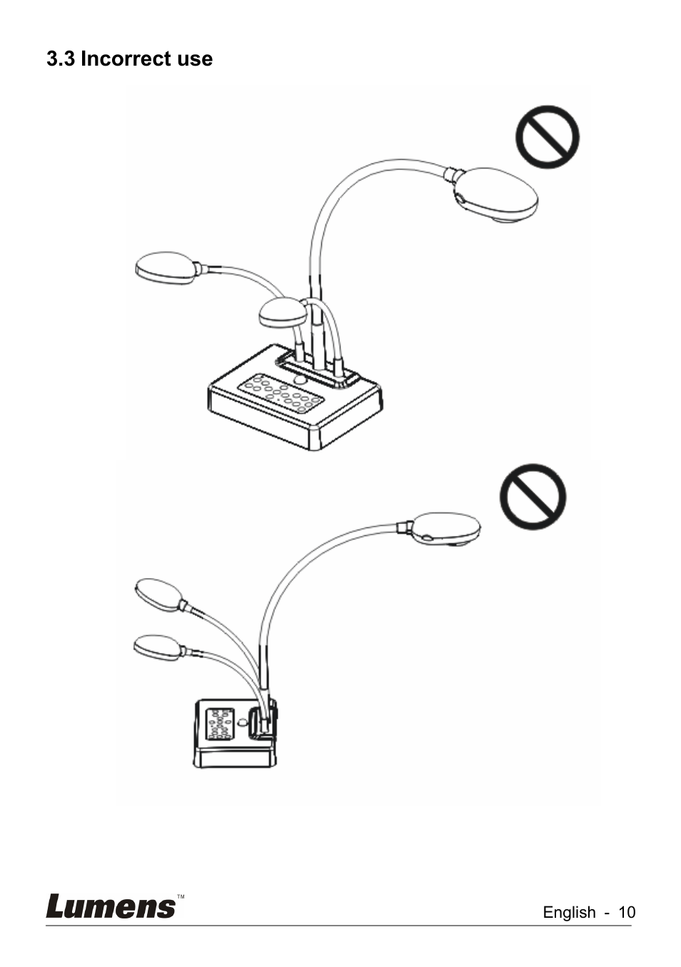 Incorrect use, 3 incorrect use | Lumens Technology DC260 User Manual | Page 11 / 49