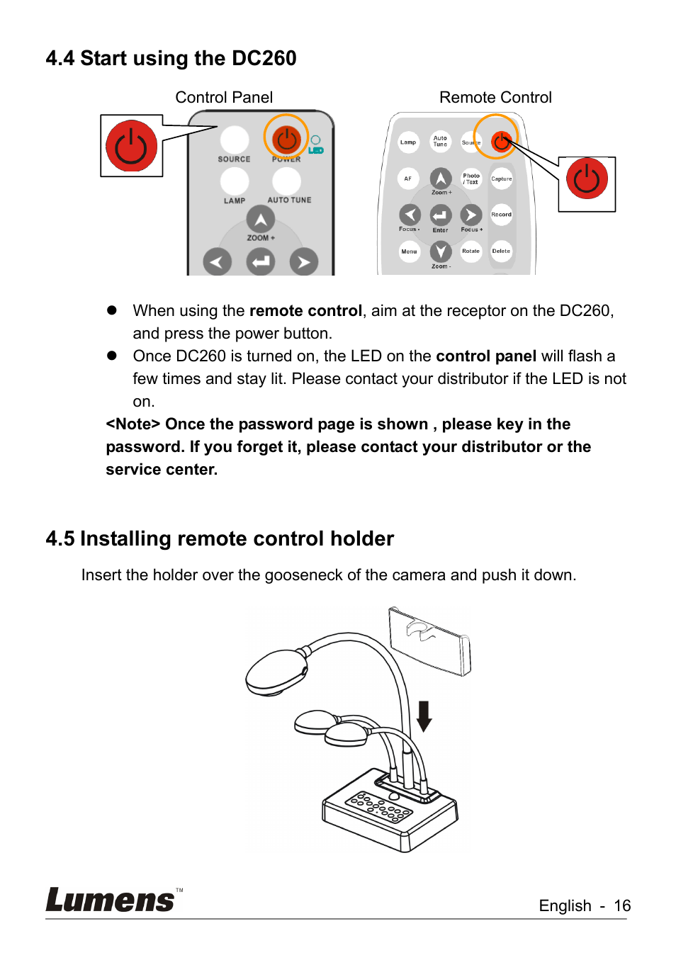 Start using the dc260, Installing remote control holder, 4 start using the dc260 | 5 installing remote control holder | Lumens Technology DC260 User Manual | Page 17 / 49