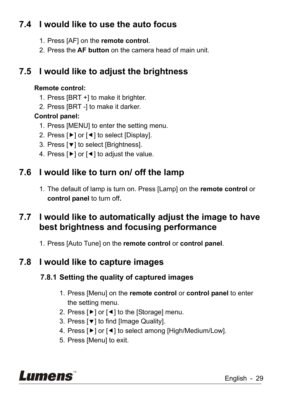 I would like to use the auto focus, I would like to adjust the brightness, I would like to turn on/ off the lamp | I would like to capture images, 4 i would like to use the auto focus, 5 i would like to adjust the brightness, 6 i would like to turn on/ off the lamp, 8 i would like to capture images | Lumens Technology DC260 User Manual | Page 30 / 49