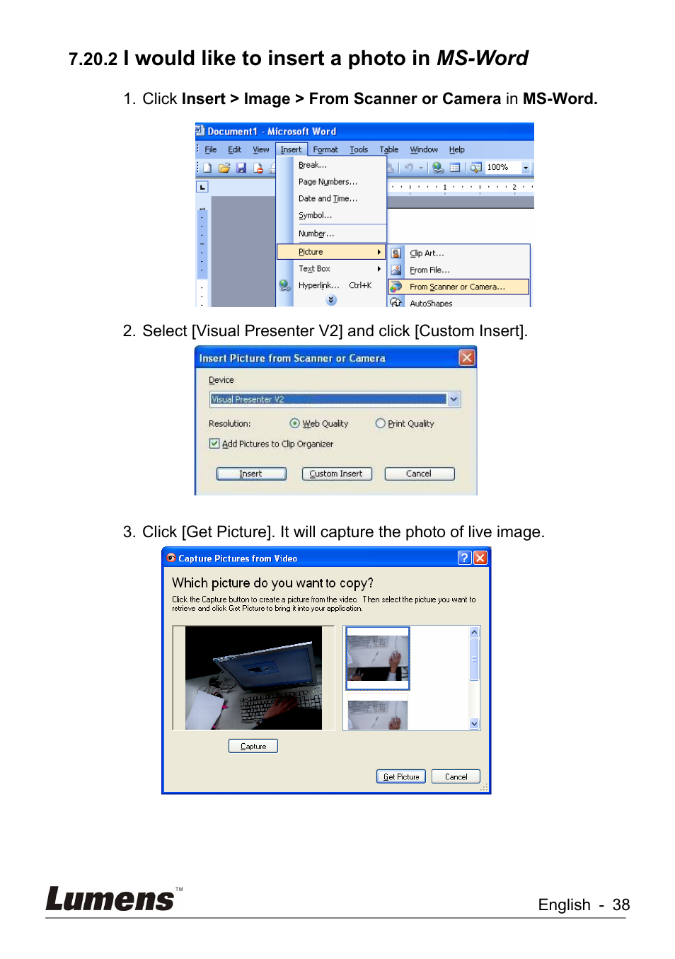 I would like to insert a photo in ms-word | Lumens Technology DC260 User Manual | Page 39 / 49