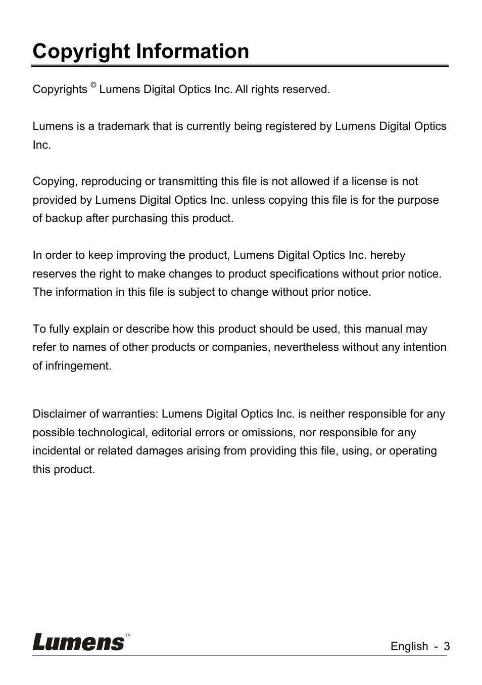 Copyright information | Lumens Technology DC260 User Manual | Page 4 / 49