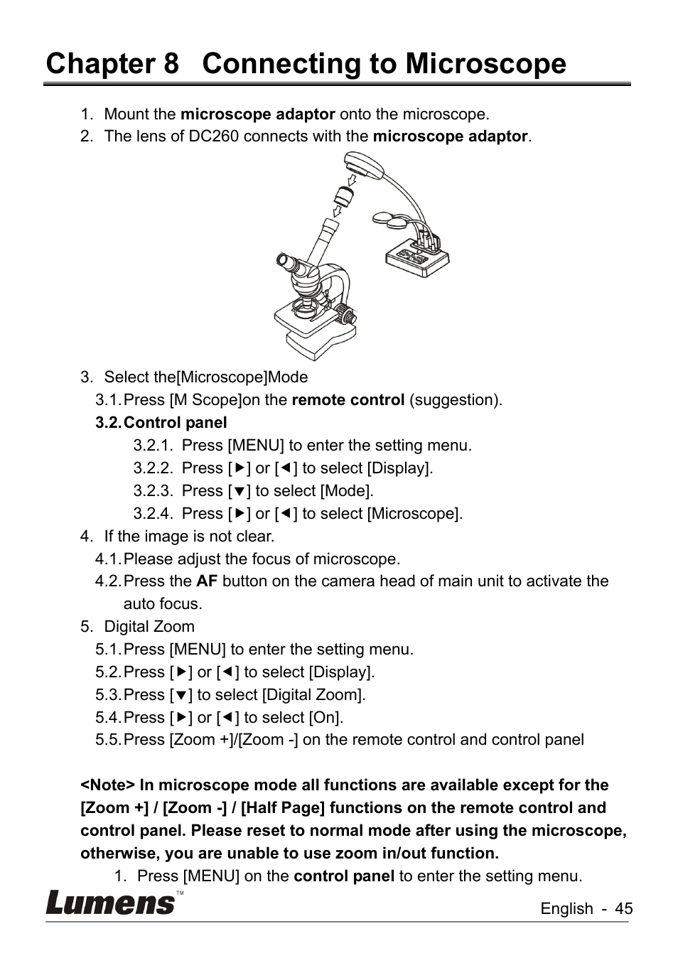 Chapter 8, Connecting to microscope, Chapter 8 connecting to microscope | Lumens Technology DC260 User Manual | Page 46 / 49