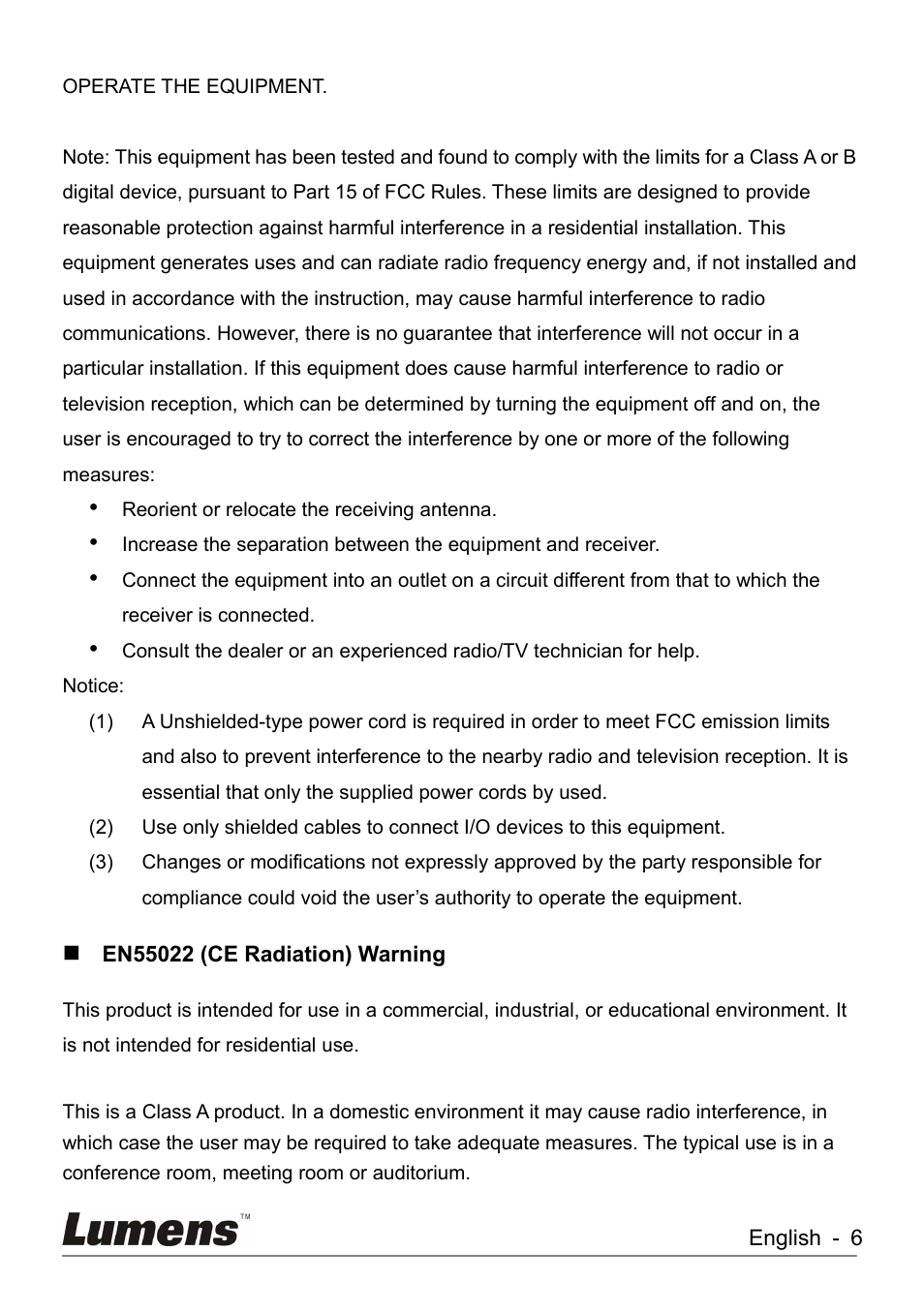 En55022 (ce radiation) warning | Lumens Technology DC260 User Manual | Page 7 / 49
