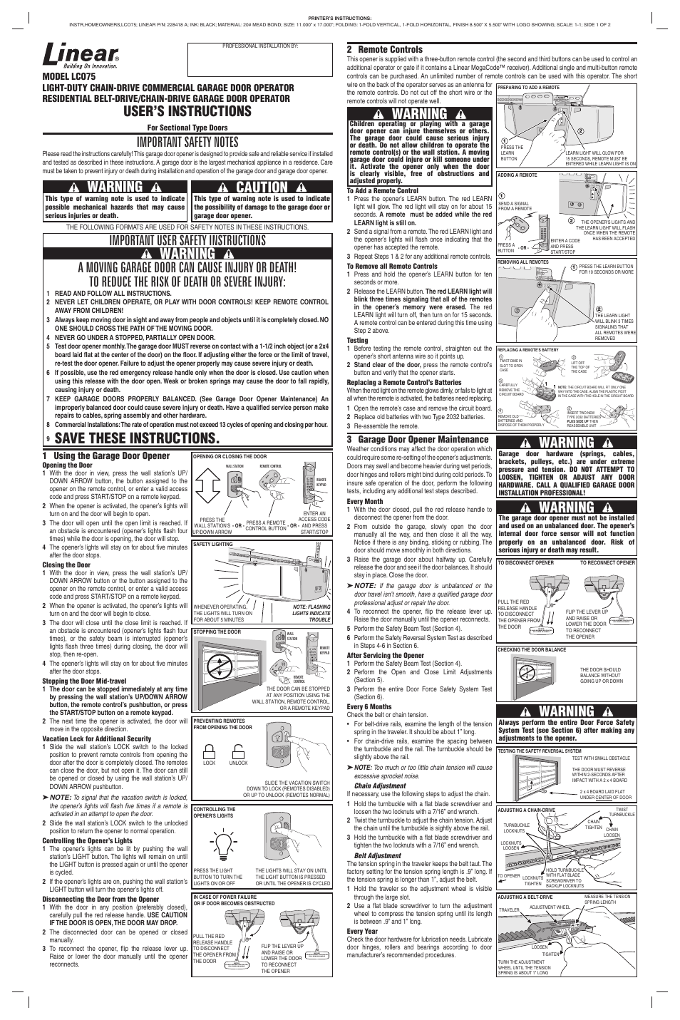 Linear LCO75 User Manual | 2 pages