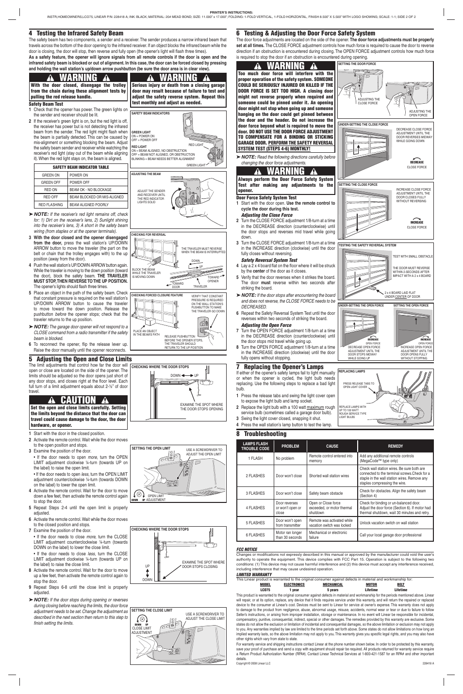 Caution, Warning, 6 testing & adjusting the door force safety system | 7 replacing the opener’s lamps, 8 troubleshooting, 4 testing the infrared safety beam, 5 adjusting the open and close limits | Linear LCO75 User Manual | Page 2 / 2