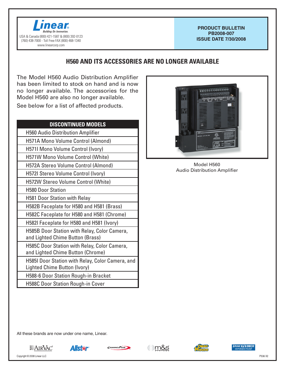 Linear H560 User Manual | 1 page