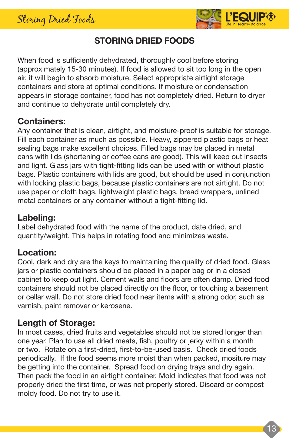 Drying times & temperature guide, Storing dried foods, Drying times | Drying temperatures, Tray rotation 13, Containers, Labeling, Location, Length of storage | L'Equip EXPANDABLE 528 User Manual | Page 13 / 40