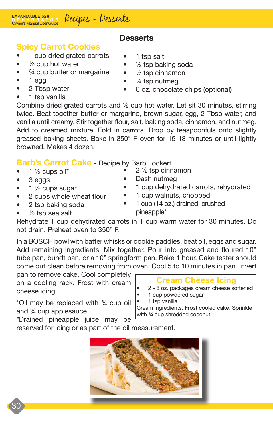 Recipes - desserts, Desserts spicy carrot cookies, Barb’s carrot cake | Cream cheese icing, Desserts apple pie, Nectarine angel cake | L'Equip EXPANDABLE 528 User Manual | Page 30 / 40