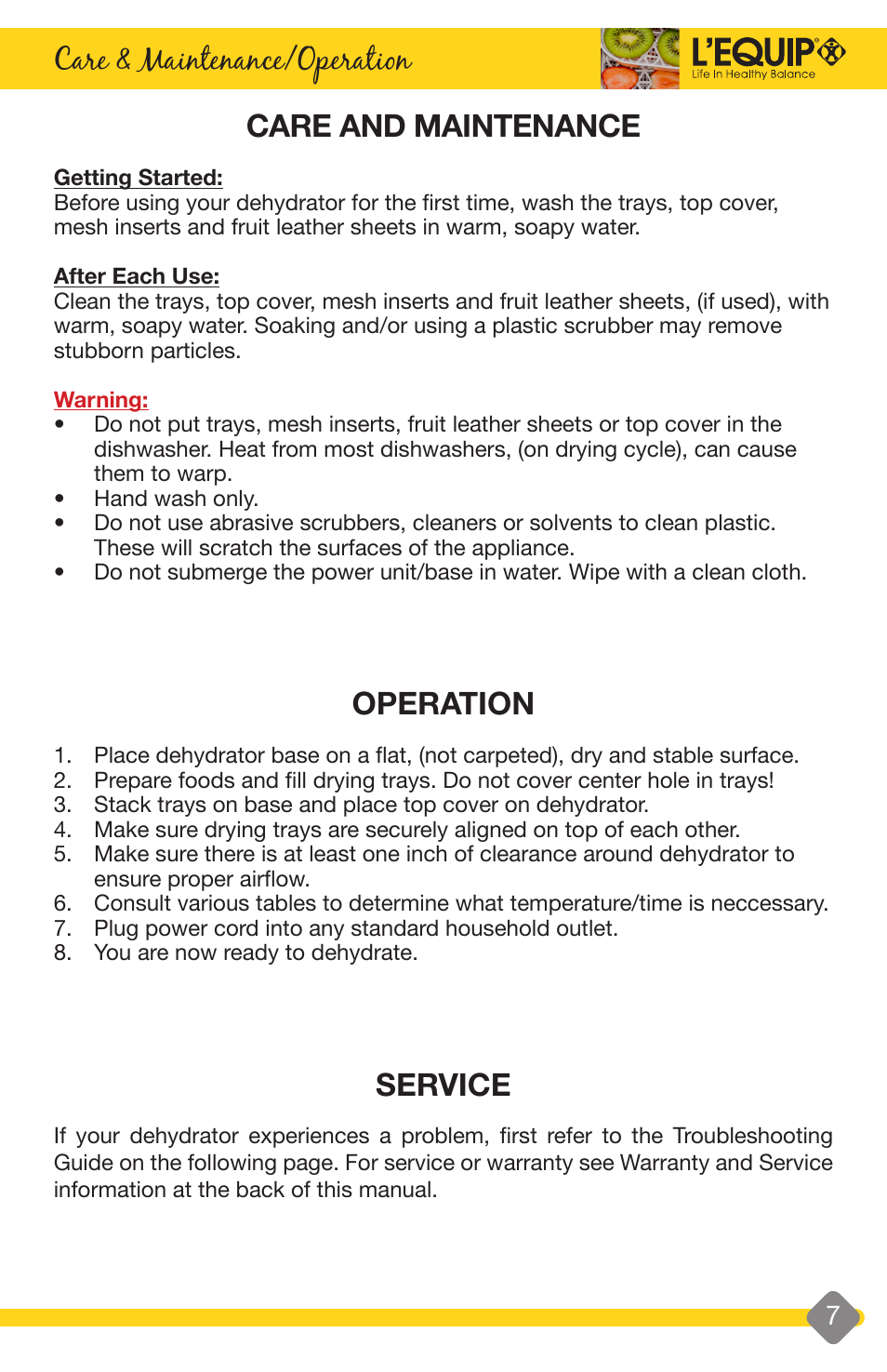 Dehydrator description & features, Features, Care & maintenance/operation | Care and maintenance, Operation, Service | L'Equip EXPANDABLE 528 User Manual | Page 7 / 40