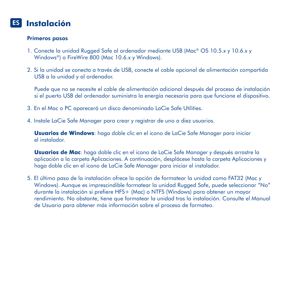 Instalación | LaCie Rugged Safe User Manual | Page 14 / 40