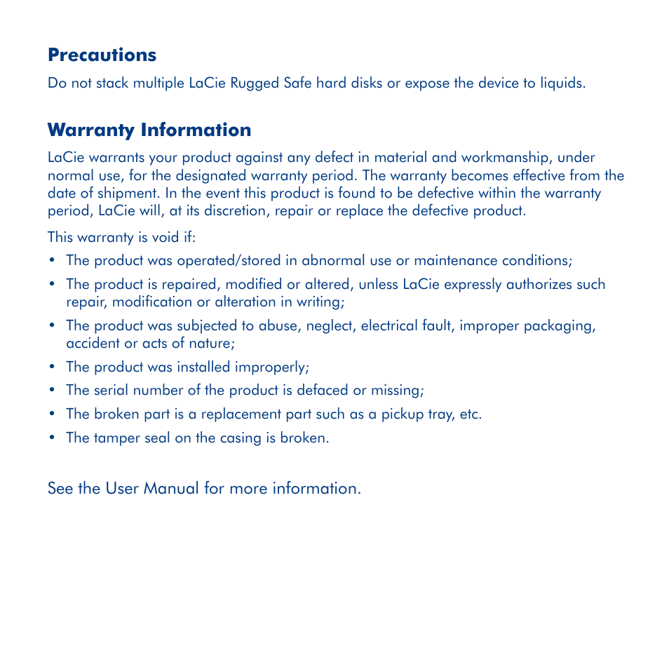 Precautions, Warranty information | LaCie Rugged Safe User Manual | Page 7 / 40