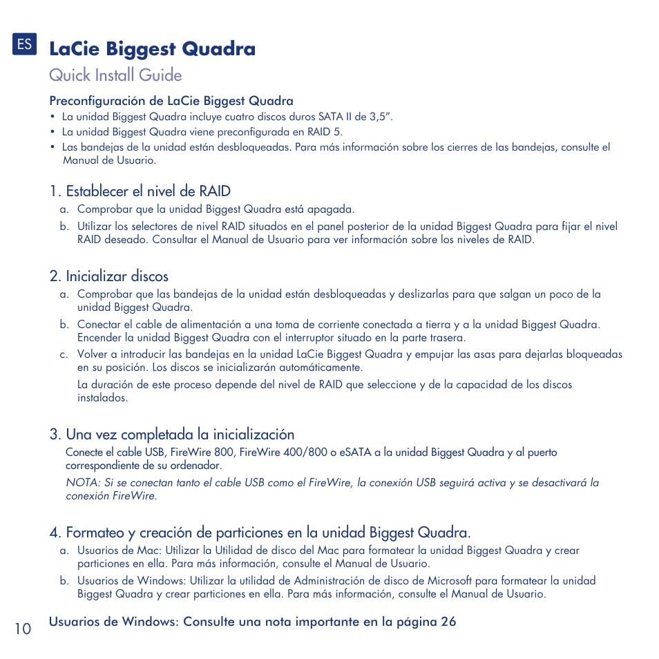 Lacie biggest quadra, Quick install guide, Establecer el nivel de raid | Inicializar discos, Una vez completada la inicialización | LaCie Biggest Quadra User Manual | Page 10 / 34