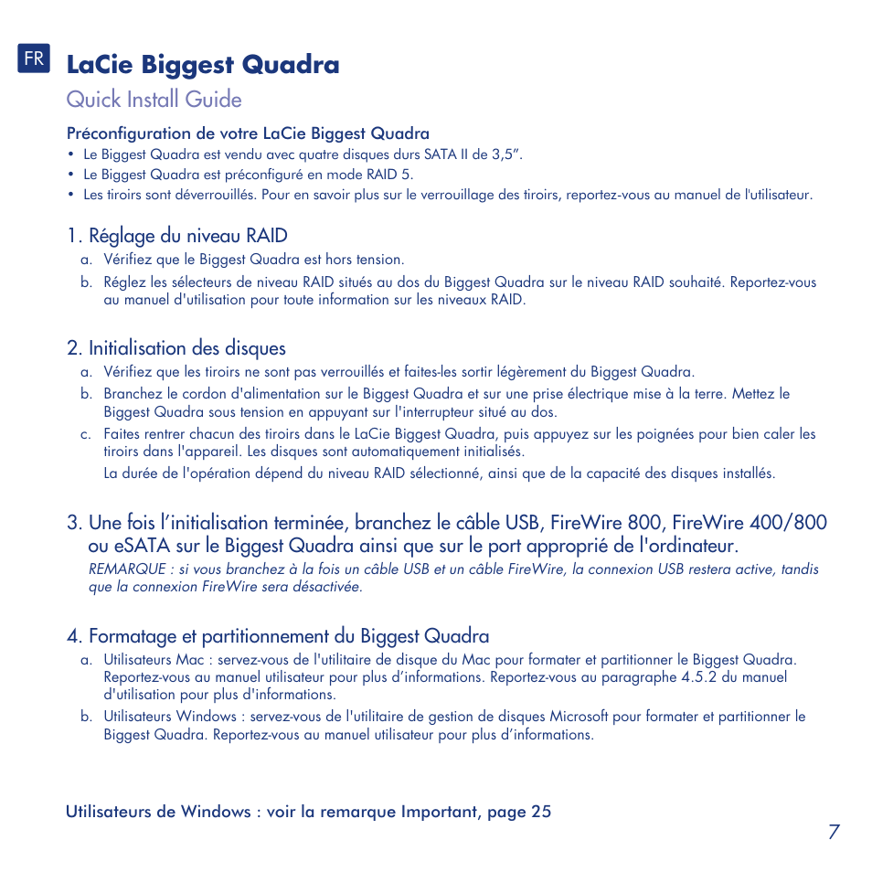 Lacie biggest quadra, Quick install guide, Réglage du niveau raid | Initialisation des disques, Formatage et partitionnement du biggest quadra | LaCie Biggest Quadra User Manual | Page 7 / 34