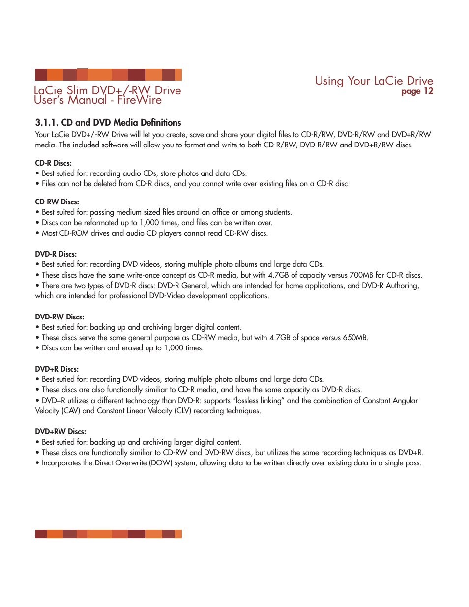 Cd and dvd media definitions, Using your lacie drive, Lacie slim dvd+/-rw drive user’s manual - firewire | LaCie DVD RW Slim User Manual | Page 13 / 30