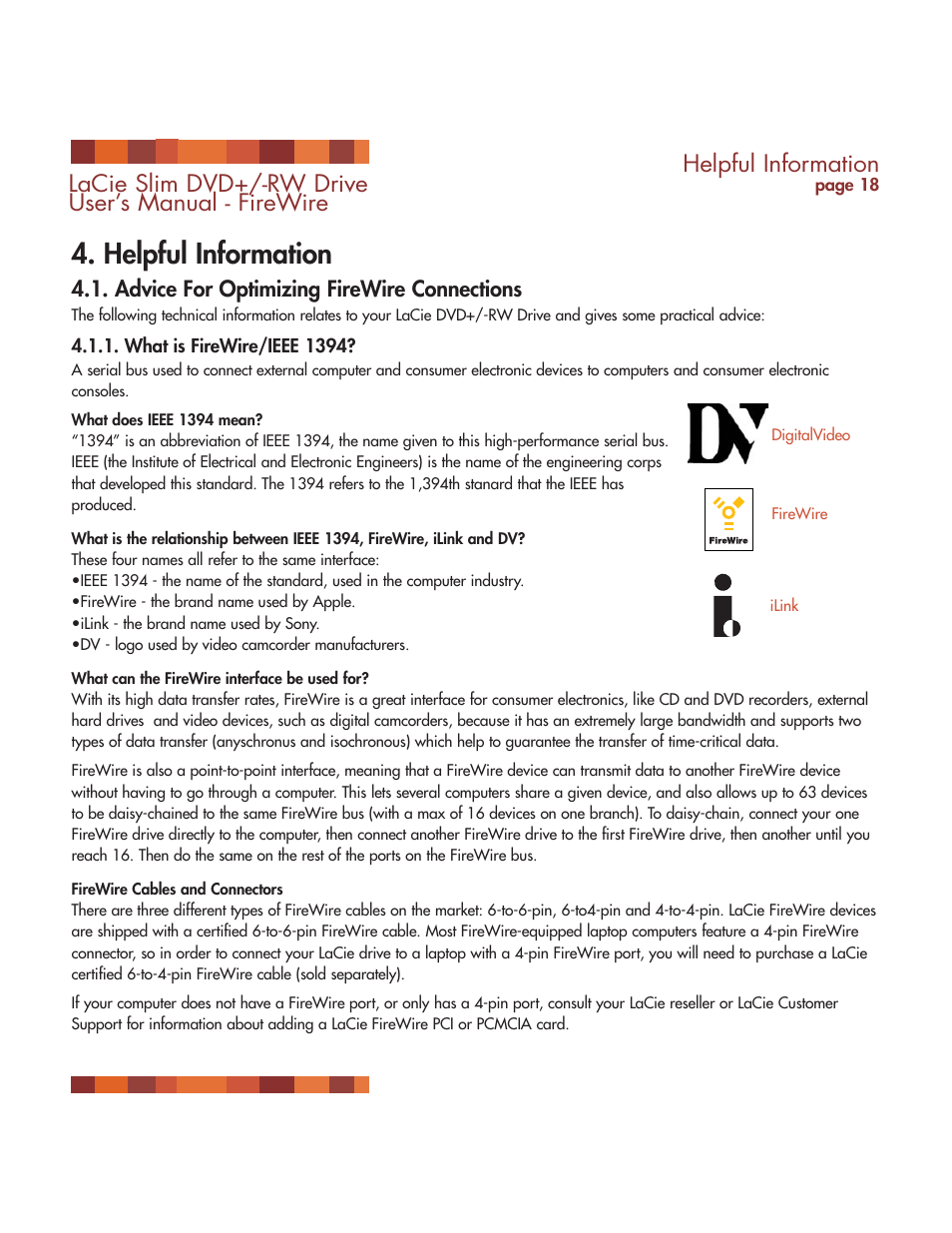 Helpful information, Advice for optimizing firewire connections, What is firewire | Lacie slim dvd+/-rw drive user’s manual - firewire | LaCie DVD RW Slim User Manual | Page 19 / 30