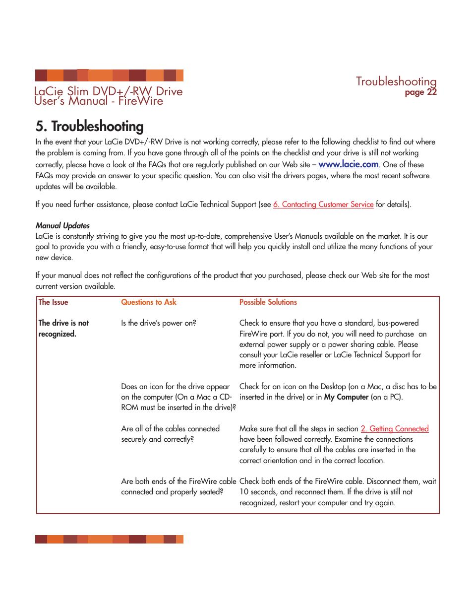 Troubleshooting, Lacie slim dvd+/-rw drive user’s manual - firewire | LaCie DVD RW Slim User Manual | Page 23 / 30