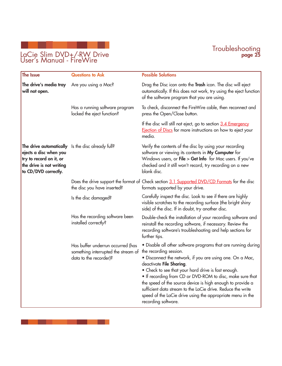 Troubleshooting, Lacie slim dvd+/-rw drive user’s manual - firewire | LaCie DVD RW Slim User Manual | Page 26 / 30