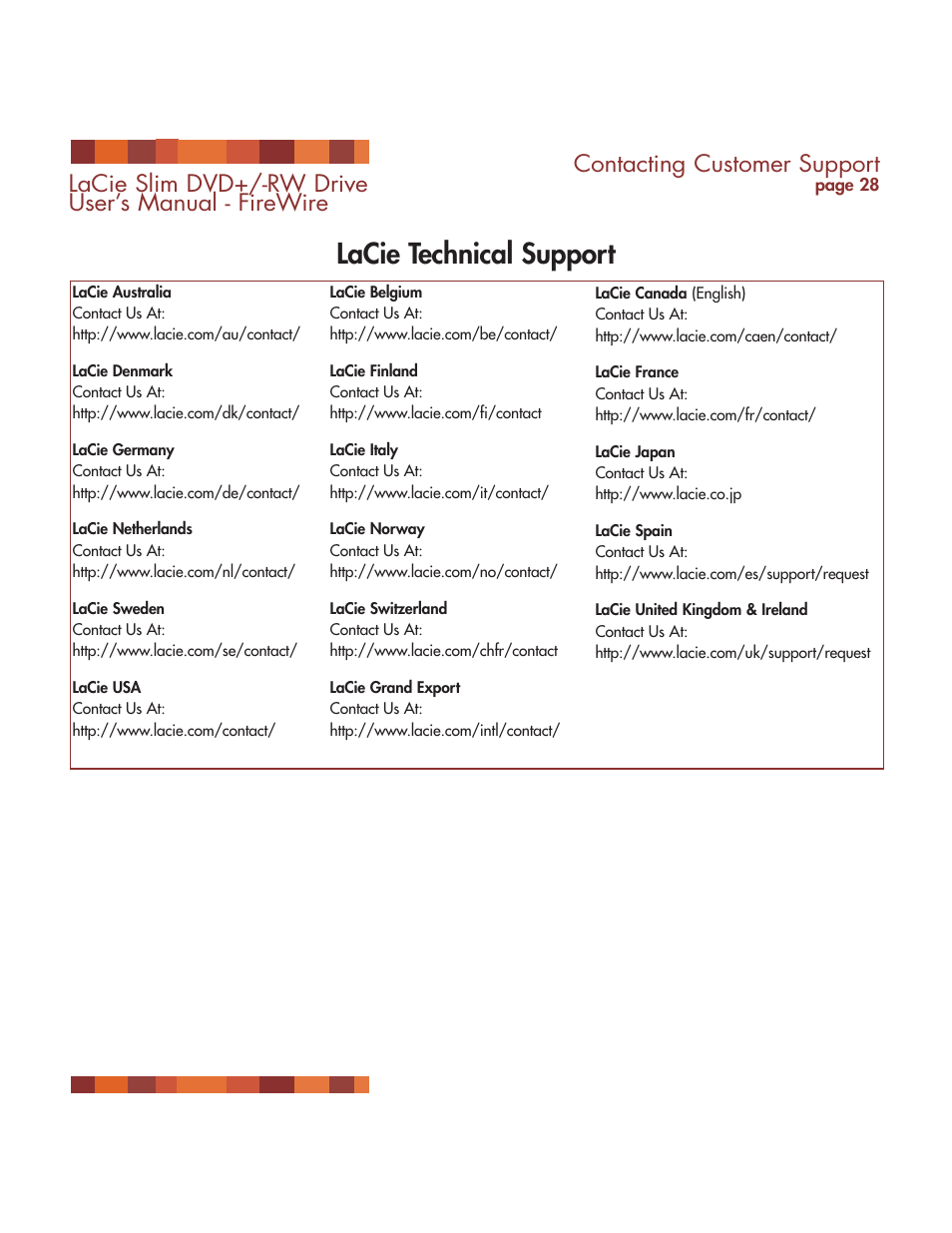 Lacie technical support, Contacting customer support, Lacie slim dvd+/-rw drive user’s manual - firewire | LaCie DVD RW Slim User Manual | Page 29 / 30