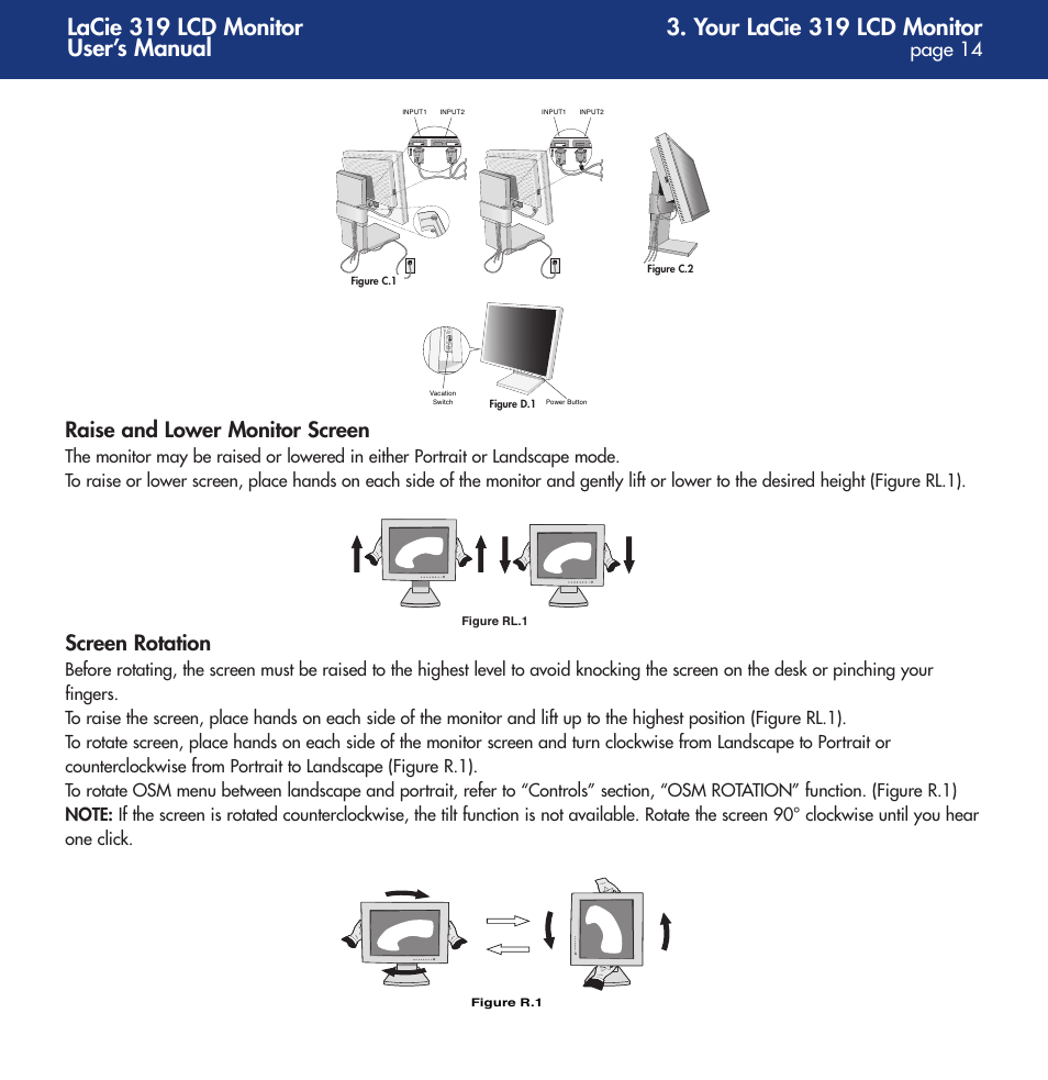 Your lacie 319 lcd monitor, Lacie 319 lcd monitor user’s manual, Raise and lower monitor screen | Screen rotation, Page 14 | LaCie 319 User Manual | Page 14 / 24