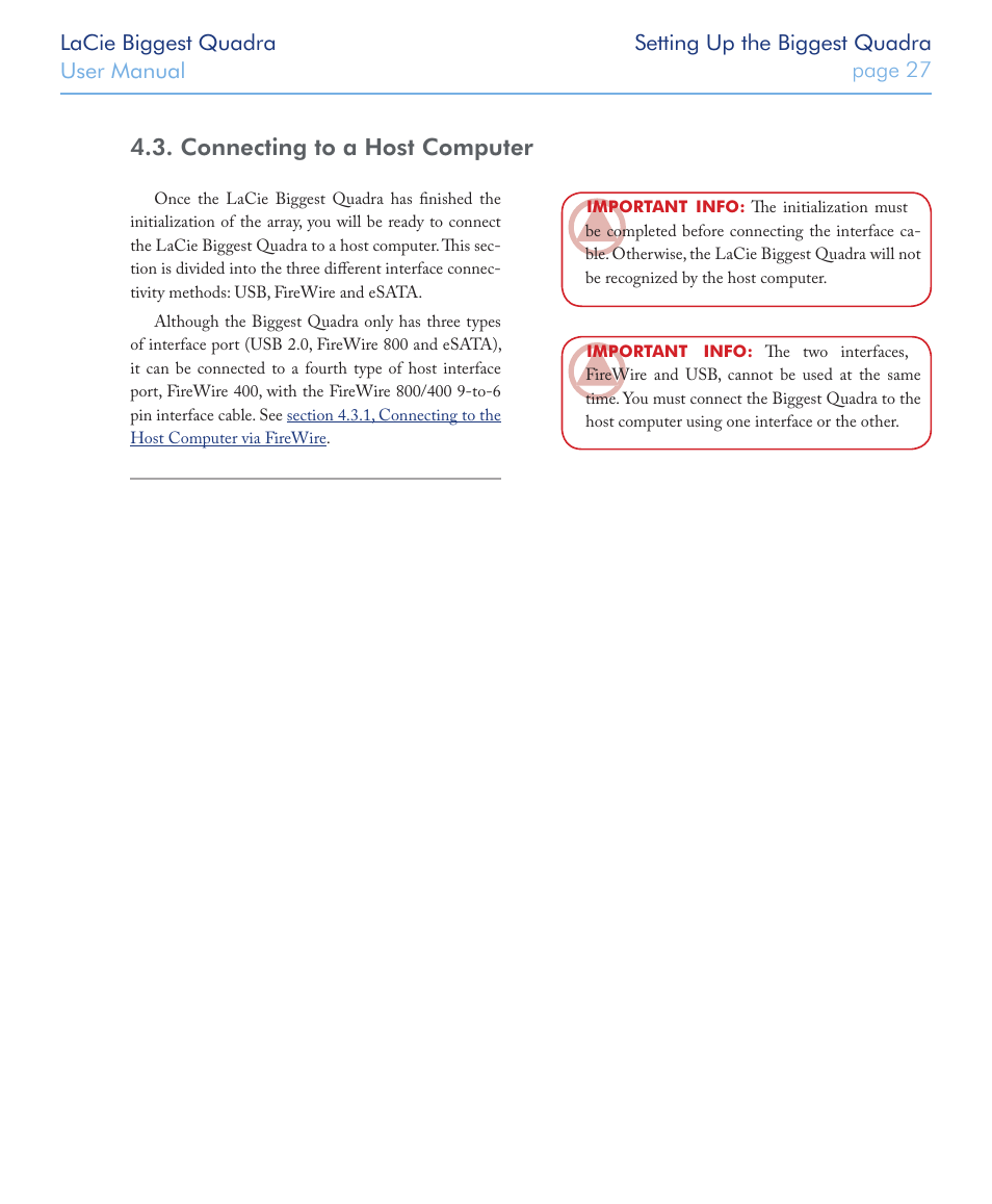 Connecting to a host computer | LaCie FIREWIRE 800/400 User Manual | Page 28 / 59