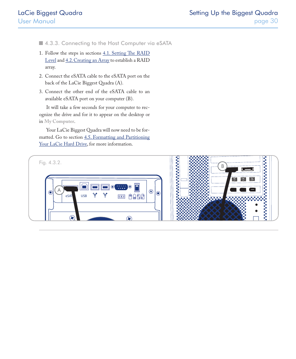 Connecting to the host computer via esata | LaCie FIREWIRE 800/400 User Manual | Page 31 / 59