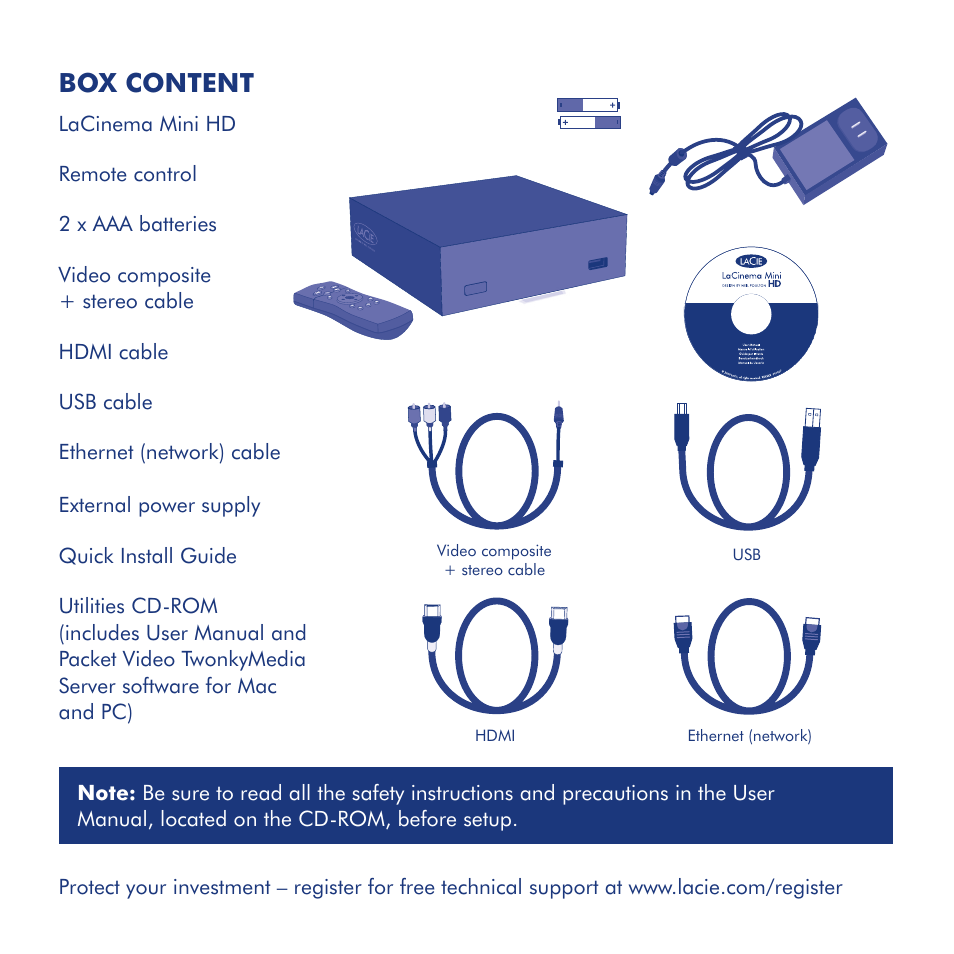 Box content | LaCie LaCinema Mini HD User Manual | Page 3 / 44