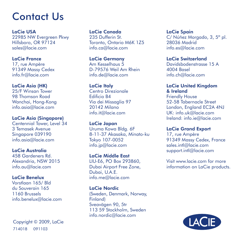 Contact us | LaCie LaCinema Mini HD User Manual | Page 44 / 44