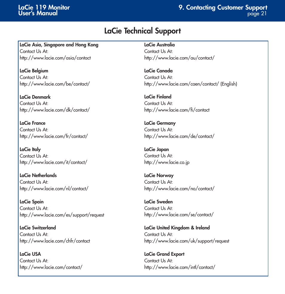 Warranty, Lacie technical support | LaCie 119 User Manual | Page 21 / 22