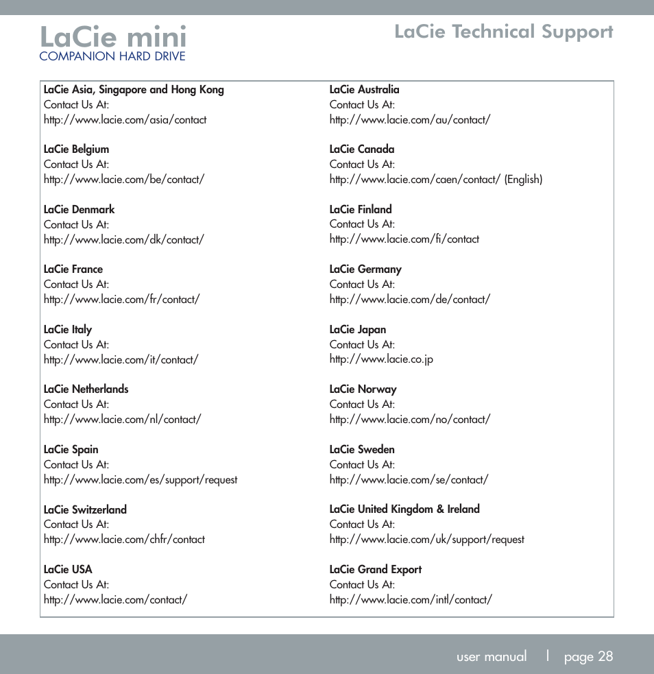 Lacie mini, Lacie technical support | LaCie MINI COMPANION HARD DRIVE U S B 2. 0 User Manual | Page 28 / 30