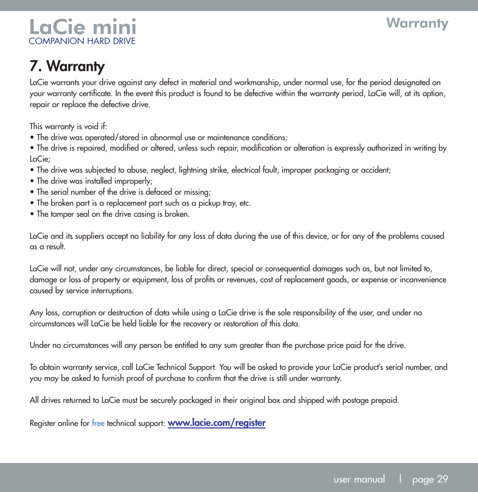 Lacie mini, Warranty | LaCie MINI COMPANION HARD DRIVE U S B 2. 0 User Manual | Page 29 / 30