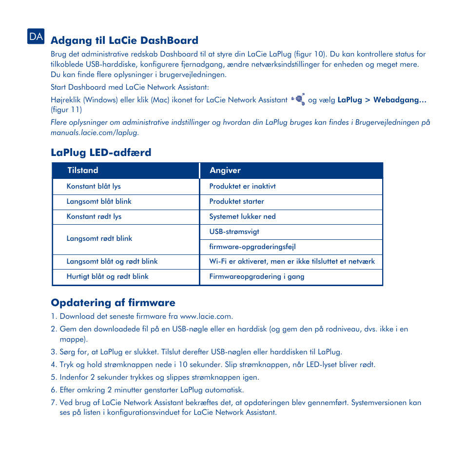 Installation, Adgang til usb-enheder, Adgang til lacie dashboard | Laplug led-adfærd, Opdatering af firmware | LaCie LaPlug User Manual | Page 27 / 43