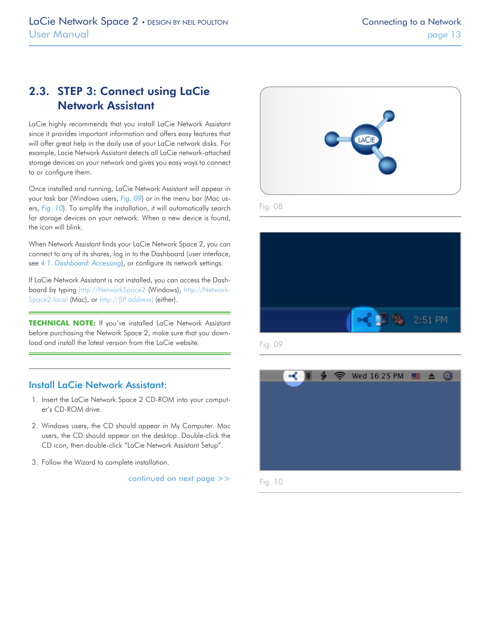 Step 3: connect using lacie network assistant, Now move on to step 3, section, Step 3: connect using lacie | Network assistant, Lacie network space 2, User manual | LaCie 2 User Manual | Page 13 / 65