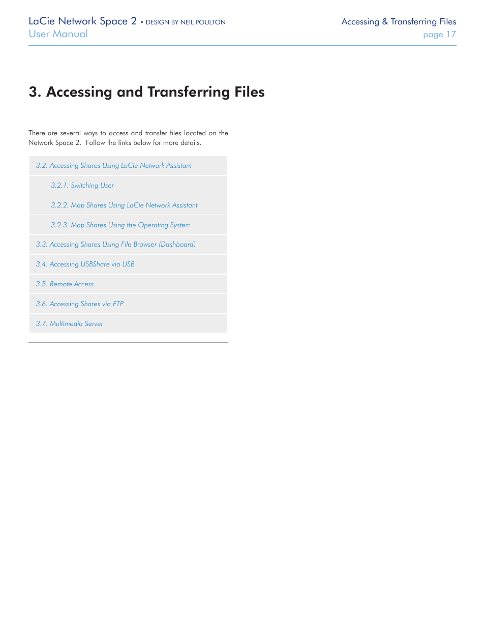 Accessing and transferring files, Use. proceed to the following sections, Accessing and transfer | Ring files, Lacie network space 2, User manual | LaCie 2 User Manual | Page 17 / 65