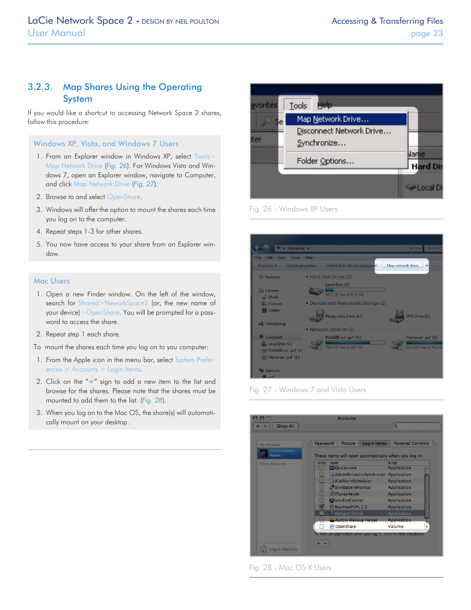 Map shares using the operating system, Lacie network space 2, User manual | LaCie 2 User Manual | Page 23 / 65