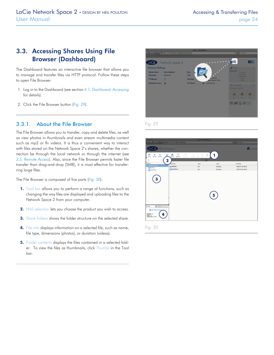 Accessing shares using file browser (dashboard), About the file browser, Accessing shares using file browser (dash | Board), Instead of drag-and-drop using smb, Lacie network space 2, User manual | LaCie 2 User Manual | Page 24 / 65