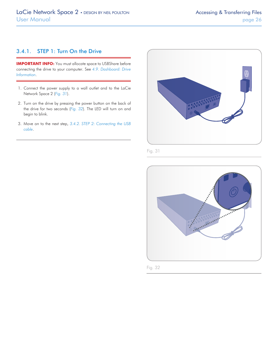 Step 1: turn on the drive, Lacie network space 2, User manual | LaCie 2 User Manual | Page 26 / 65